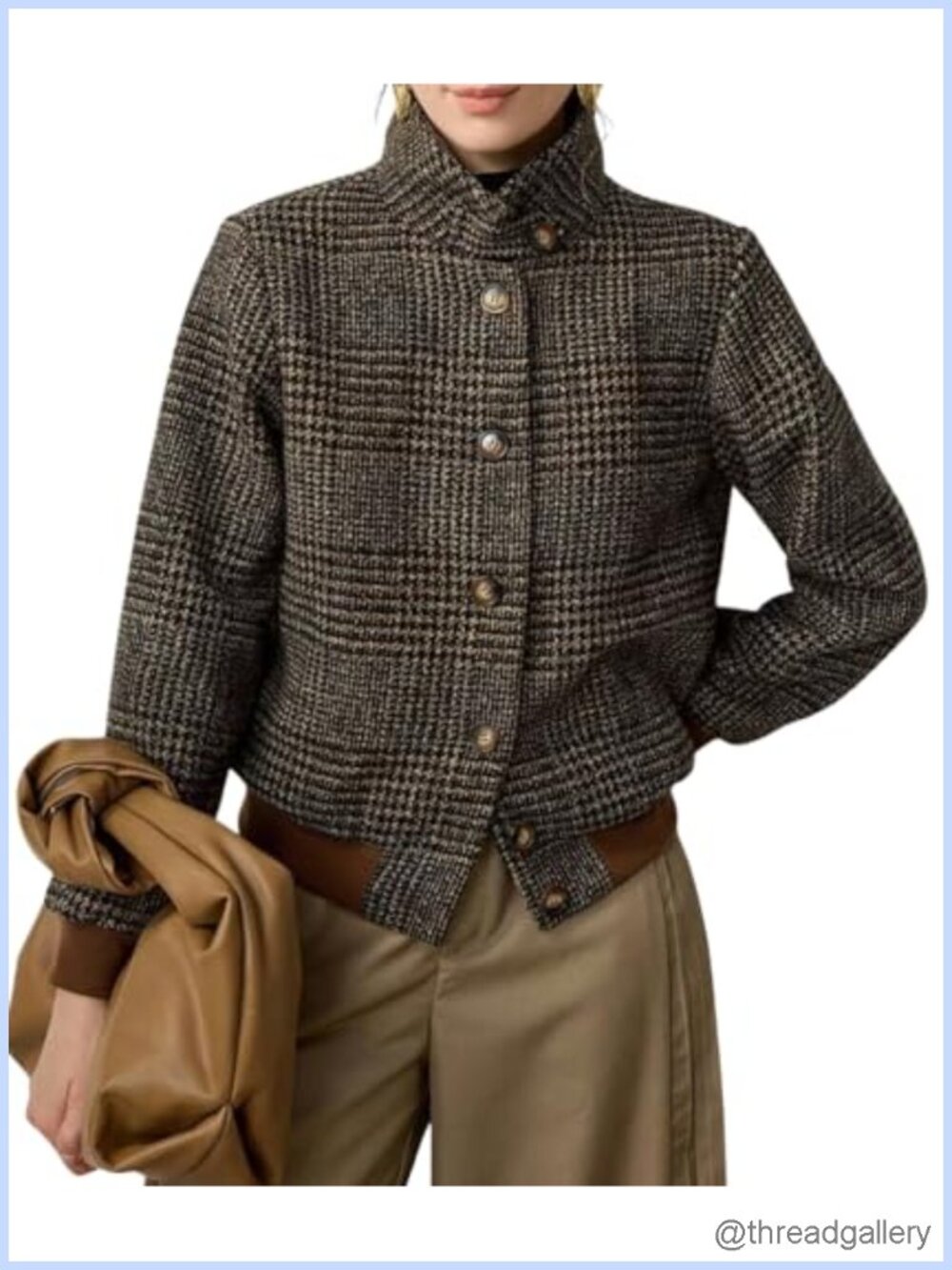 Plaid Wool Blend Bomber Jacket Cropped Loose Fit Women's Winter Coat